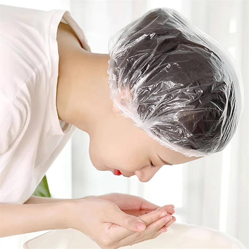 100-1500PCS Disposable Shower Caps Elastic Plastic Wrap Covers Food Bath Hat Waterproof Shower Hat Kitchen Bathroom Accessories