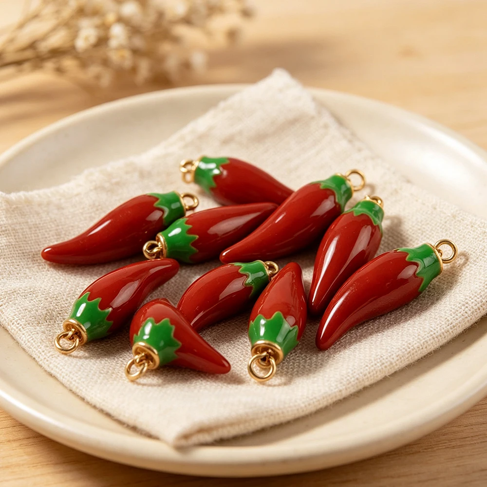 1PCS Red Chili Charm Pendant Food Inspired Enamel Decor Dangle Bead DIY Handcraft Supply for Custom Necklace Bracelet