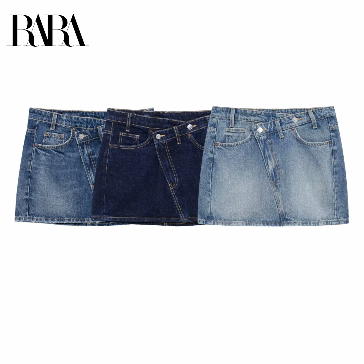 

RARA Women's Denim Mini Skirts with Classic Pocket Design Button Closure and Stitching Details for Trendy Summer Looks