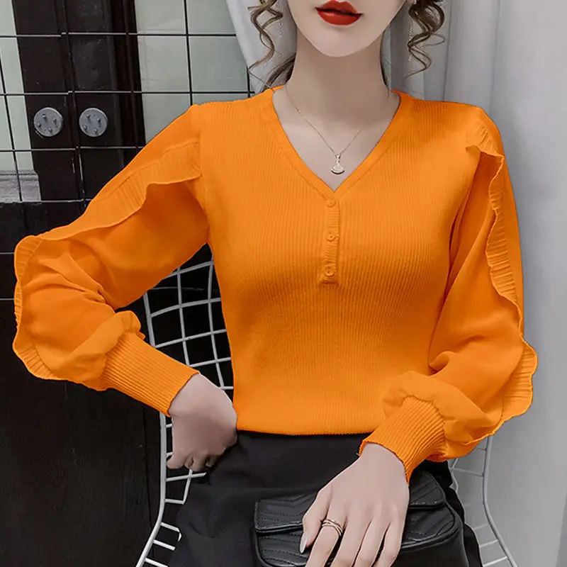 Vintage V-Neck Jumpers Elegant Solid Color Spliced Fashion Chiffon Ruffles Autumn Winter New Korean Slim Button Knitted Sweaters