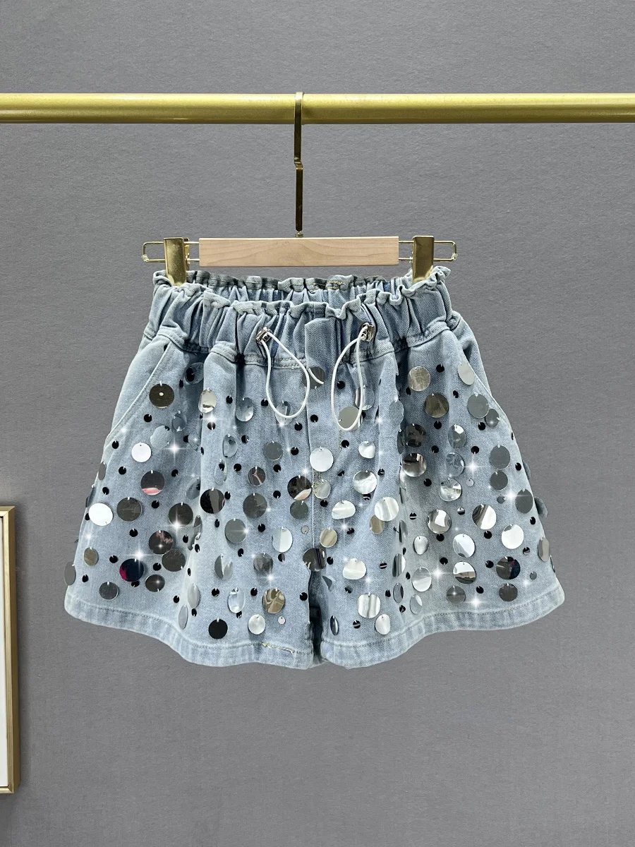 

Блестящие широкие джинсовые шорты с высокой талией, свободные, стройнящие, летние, модные, женские, новинка 2024 года, из плотного денима