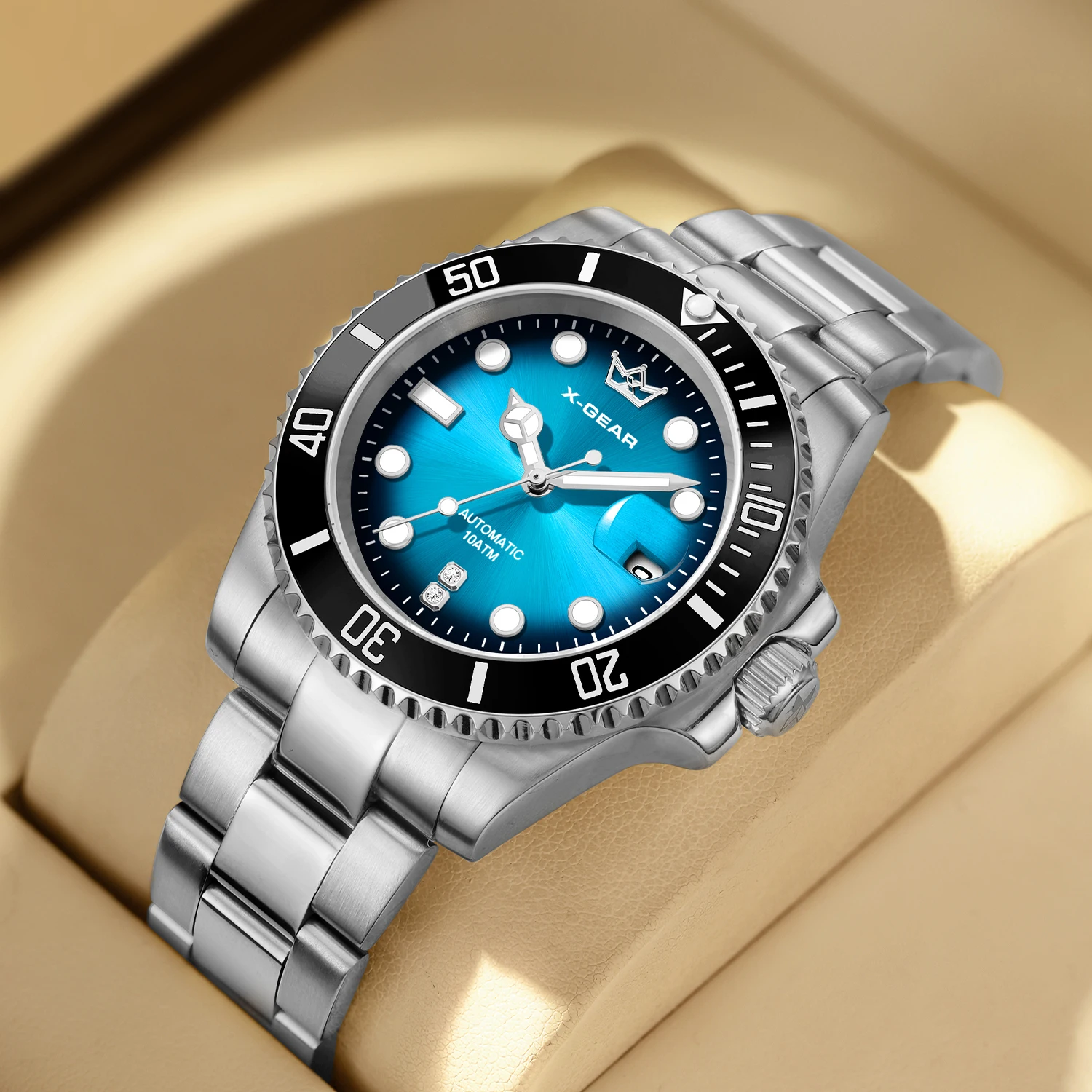 

X-GEAR Men's Mechanical Movement Classic Deep Blue Water Ghost Watch with Calendar Magnifier Stainless Steel Ceramic Bezel