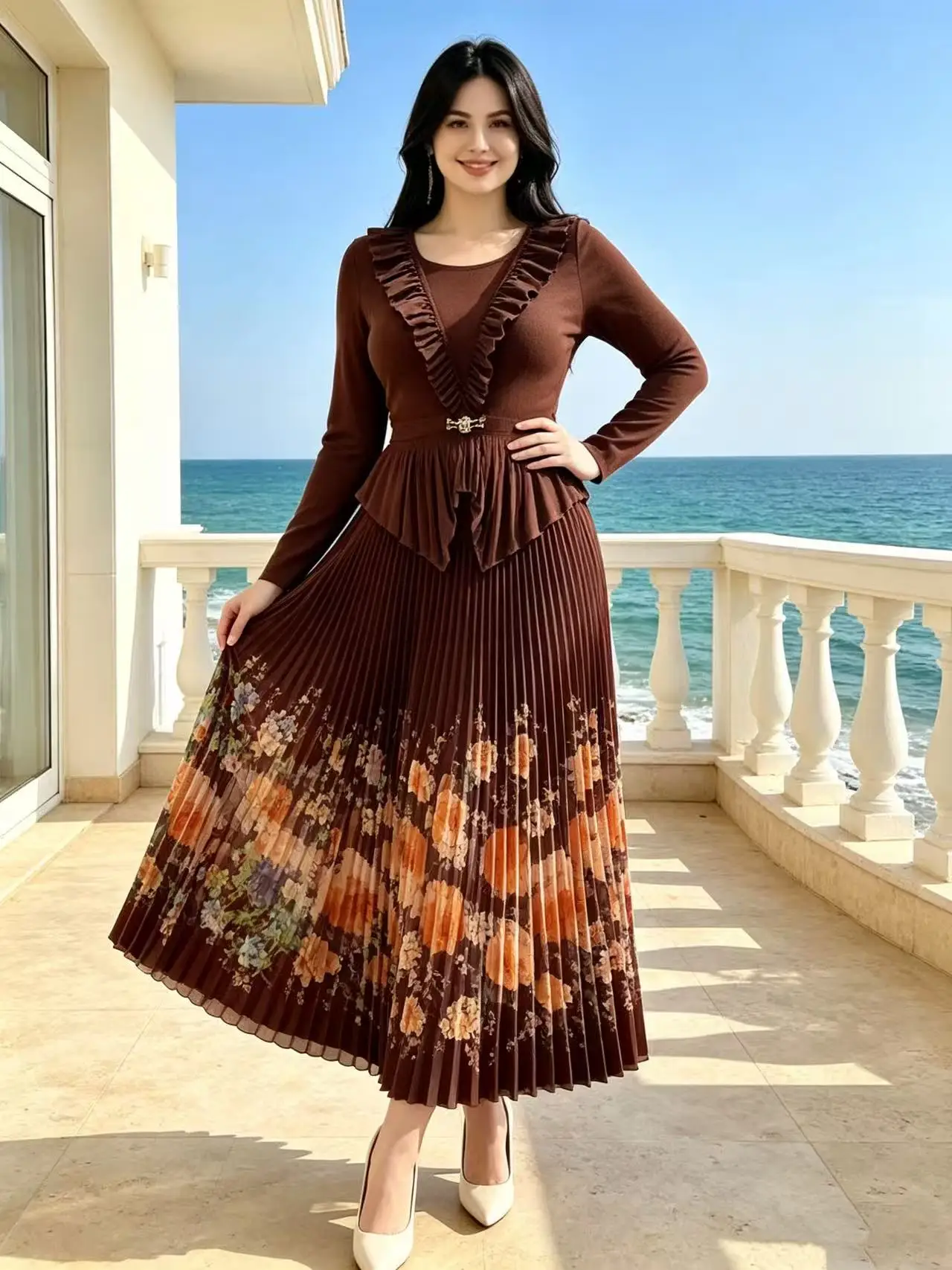 Miyake Pleated African Loose Suit Round Neck Fashion Printing Temperament Elegant Long Dress Two-piece Set New