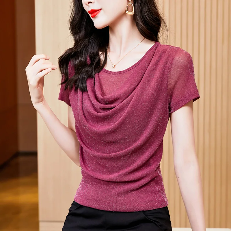 New Fashion Swinging Neck Bright Silk T shirt Short Sleeve Mesh Tops Korean Fashion Summer Casual Women Shirt