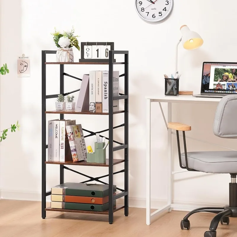 4 Tier Bookshelf - Small Book Shelf Industrial Bookcase, Narrow Book Case Book Storage Organizer for CD/Movie/Book