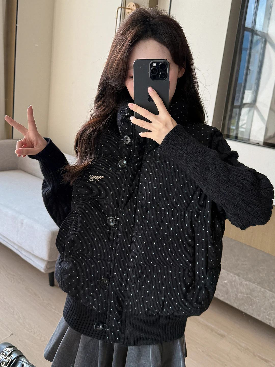 Winter Thickened Knitted Polka Dot down Cotton Jacket Women's Korean Style Commute Simple Fashion Small Size Loose Fit Coat