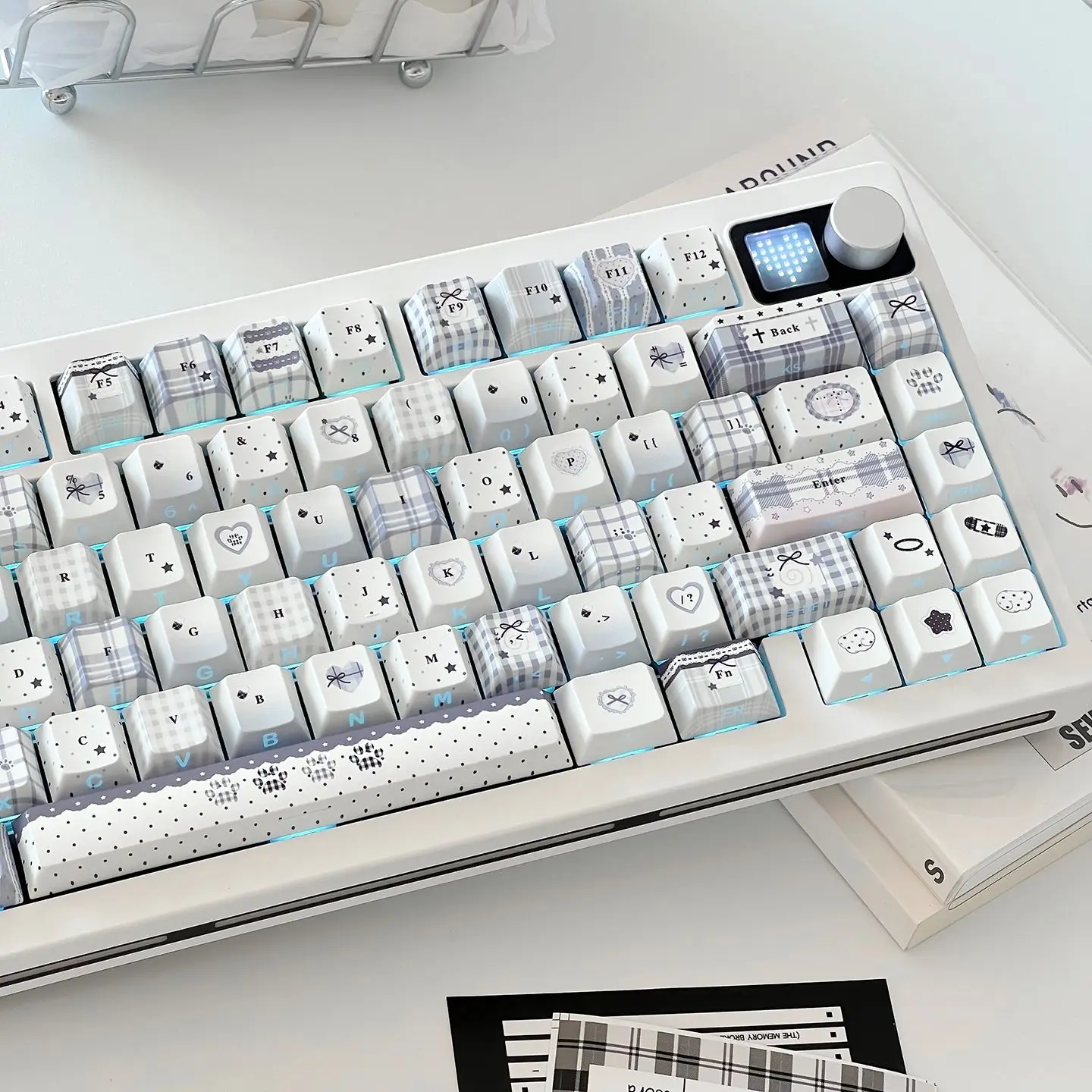 MAIMOOO Sweetheart Checkered Keycaps Cherry Profile PBT Sublimation Side-printed Cute Lace Bow Keycaps for Mechanical Keyboard