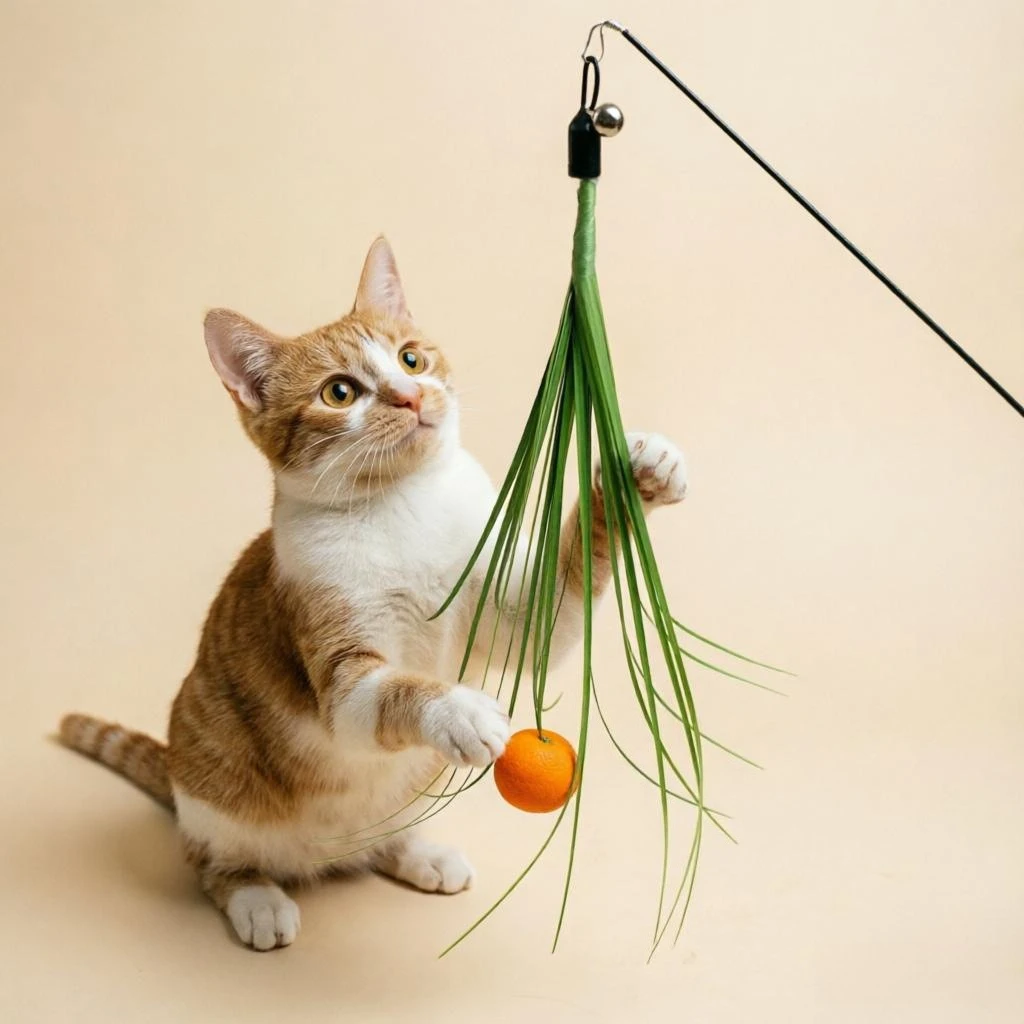 1Pc Random Color Simulated Grass Cat Wand Refills Soft Pom Pom Balls With Bells Interactive Play Toy For Indoor Kittens