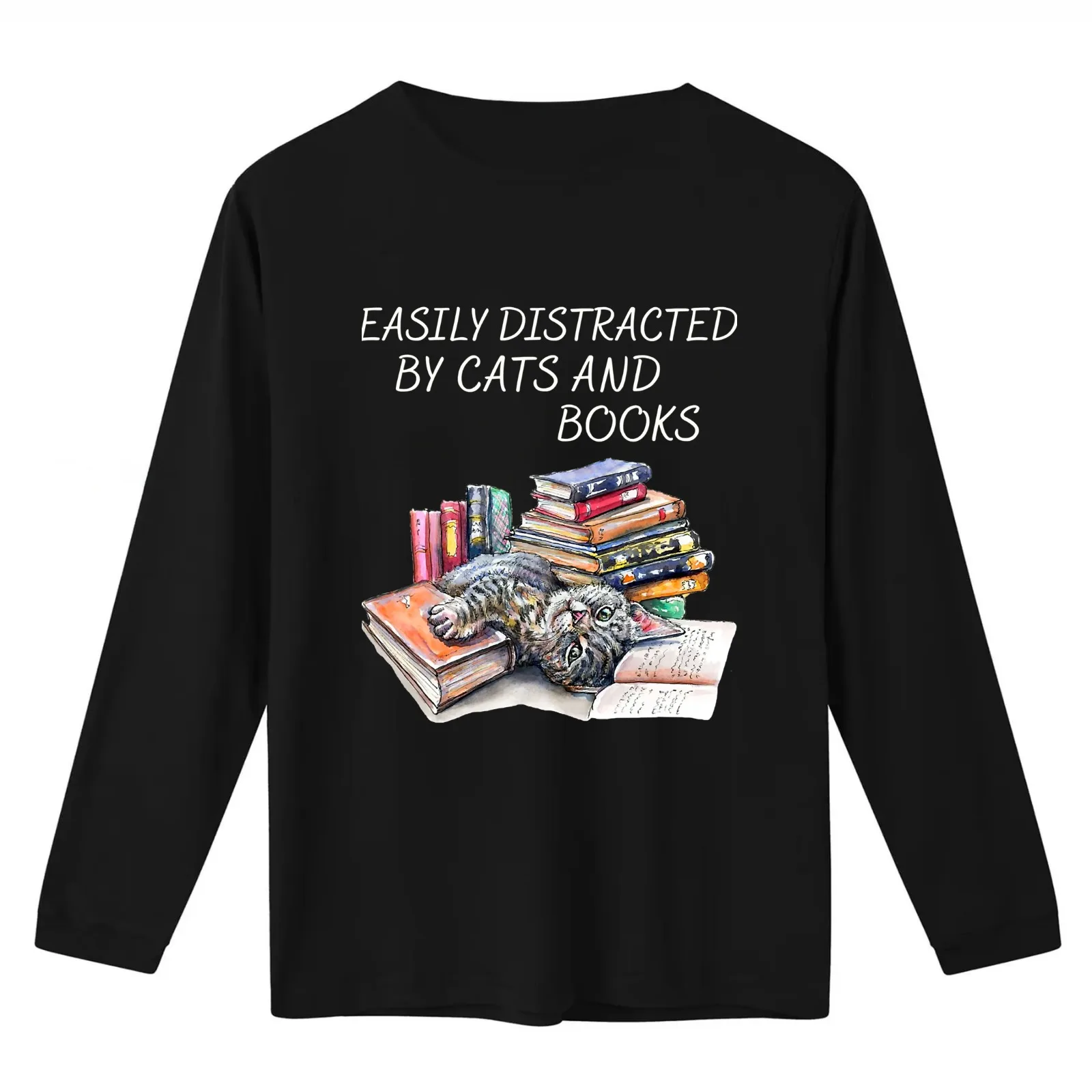 Easily Distracted By Cats _ Books - Cat _ Book Lover T-Shirt Summer Casual Cotton Tee Oversized Streetwear Tops 100% Cotton