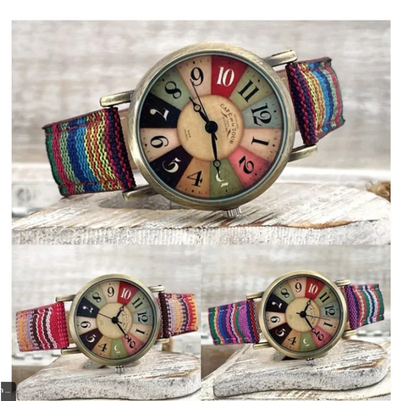 Colorful Strap Ethnic Women's Watch Creative Daily Accessory Watches Large Dial Multiple Colors Rainbow Quartz Wristwatches 2024