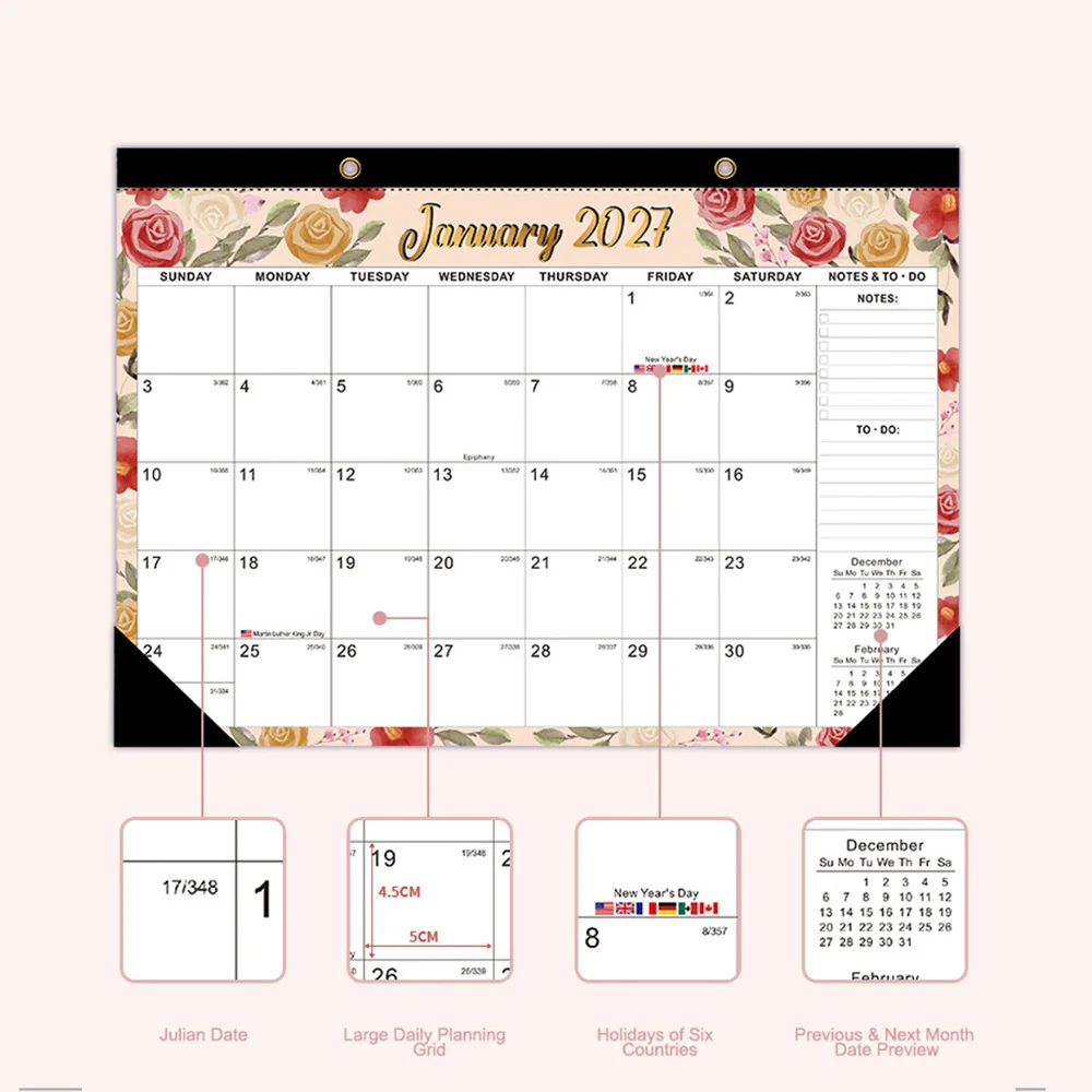 Large Wall Calendar 2027 Desk Planner 18 Month Academic Wall Calendar 2027, Removable Monthly Calendar for Home Office Planning