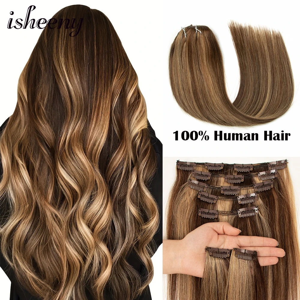 Highlight Clip in Hair Extensions 7pcs/Set 12-24 inches Natural Brown Human Hair Full Head 50-140G Clip Human Hairpieces P4-27#