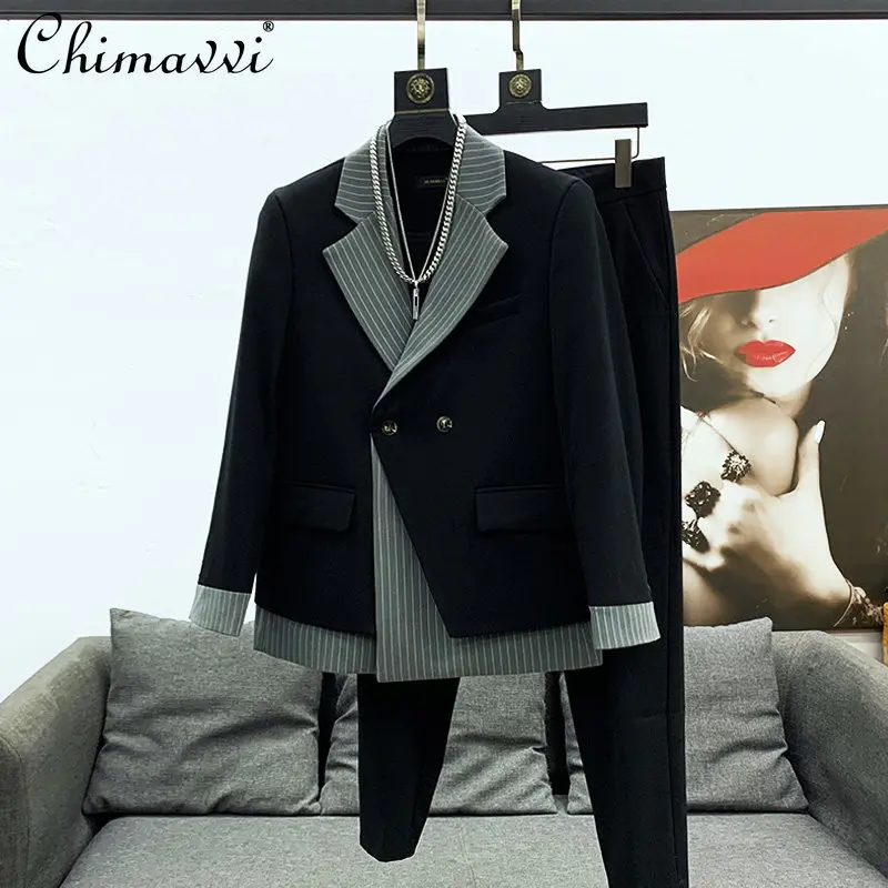 

Korea Style High-end Fashion Striped Patchwork Suit Men's Double-breasted Long-sleeved Blazer High-waist Trousers Two-piece Set