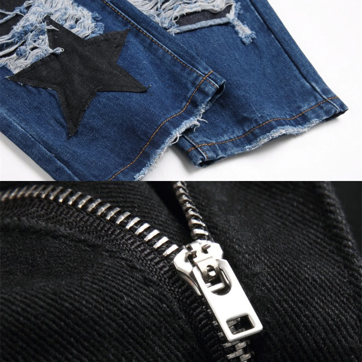 Rock Star Embroidered Jeans Men Patchwork Leather Badge Slim Fit Broken Holes Long Pants Scratched Vintage Elastic Hip Hop Motor