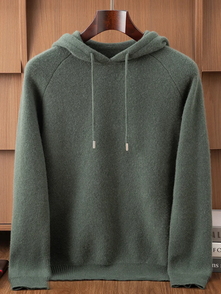 

Autumn Winter New 100% Cashmere Pullover Sweater Men's O-neck Hooded Soild Staple Knitted Basic Long Sleeve Tops Soft Comfort