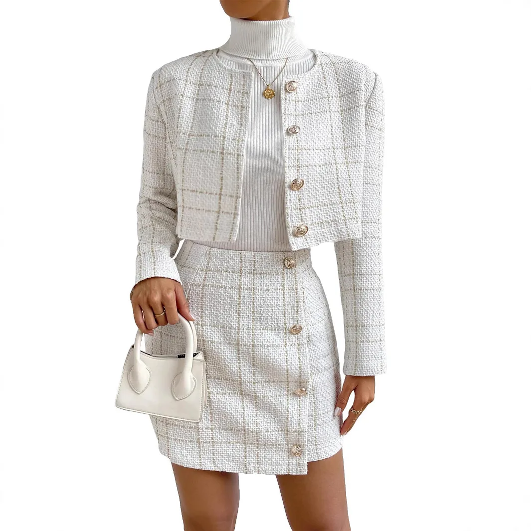 Women's plaid coarse woolen 2-pcs suit jacket+half skirt 2025 new spring and autumn style women's clothing