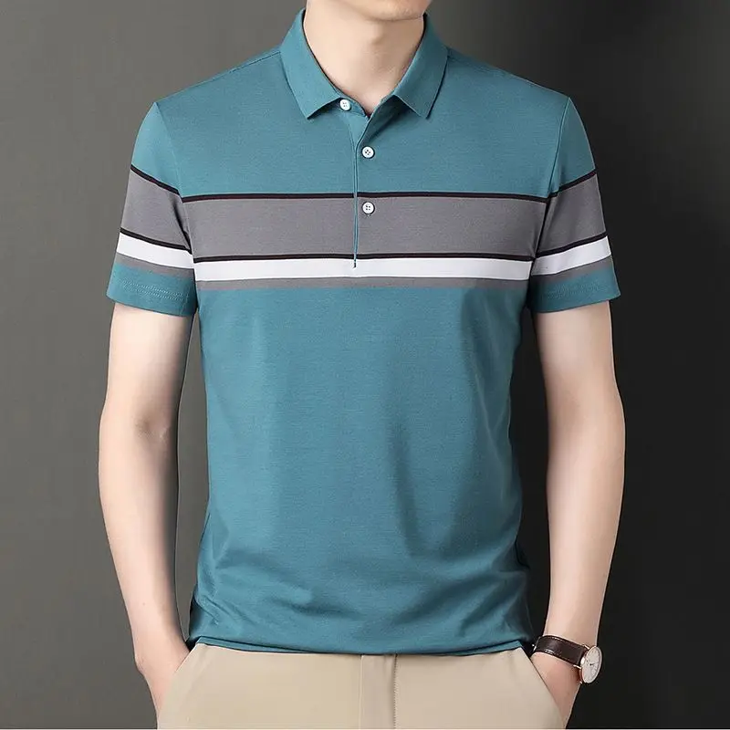 Summer New Fashion Loose Versatile Middle-aged Men Polo Shirt Lapel Button Casual Simple Short Sleeved Ice Thin Striped Top 2024