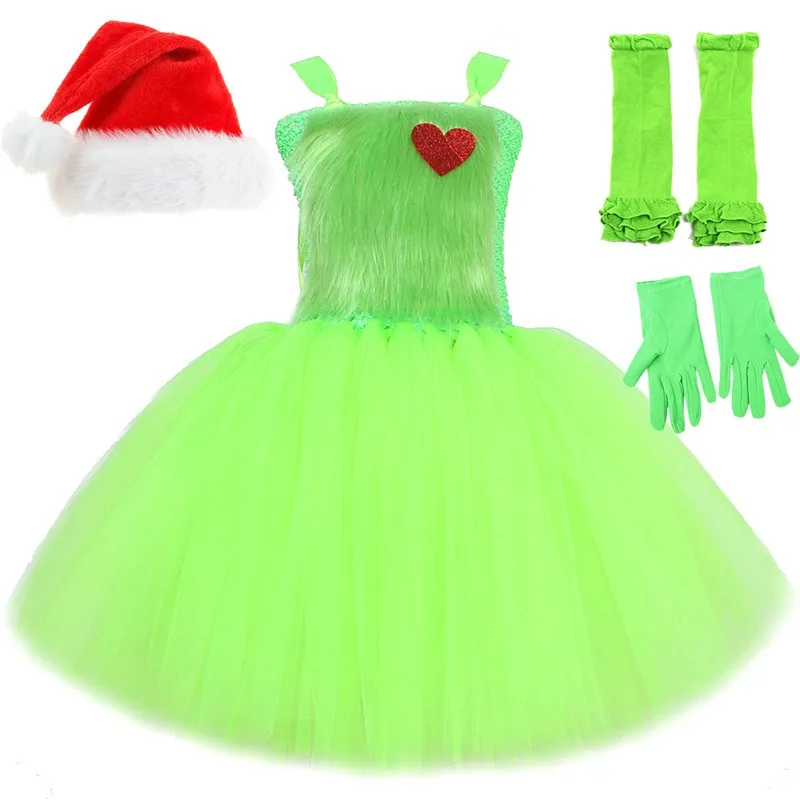 Girls' Green Furry Multi-Layer Tulle Tutu Dress,  Christmas Style Outfit,  Kids' Halloween Stage Performance Clothing Gown