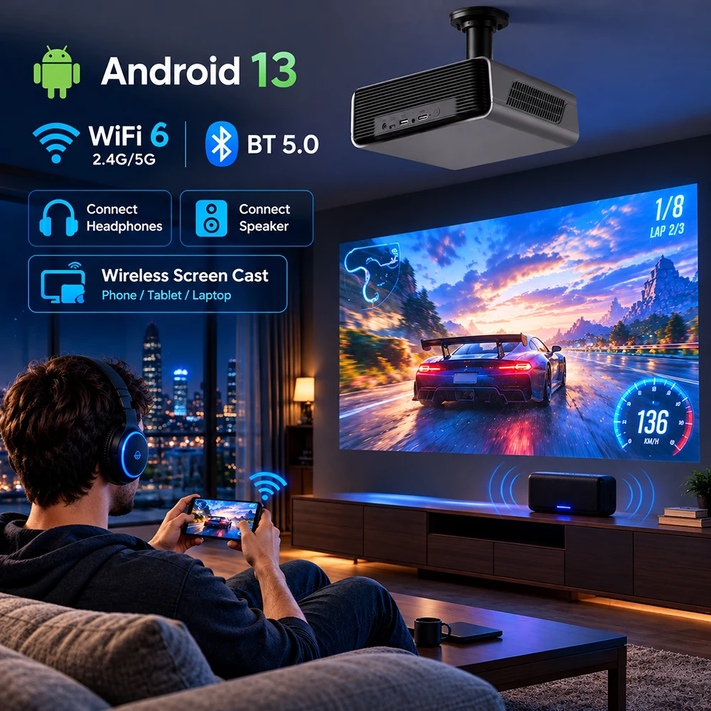 Native 1080P Smart Projector 4K Decode Android 13 Auto Focus Wireless Mirroring Amlogic T950S WIFI 5G BT5.0 Auto Keystone