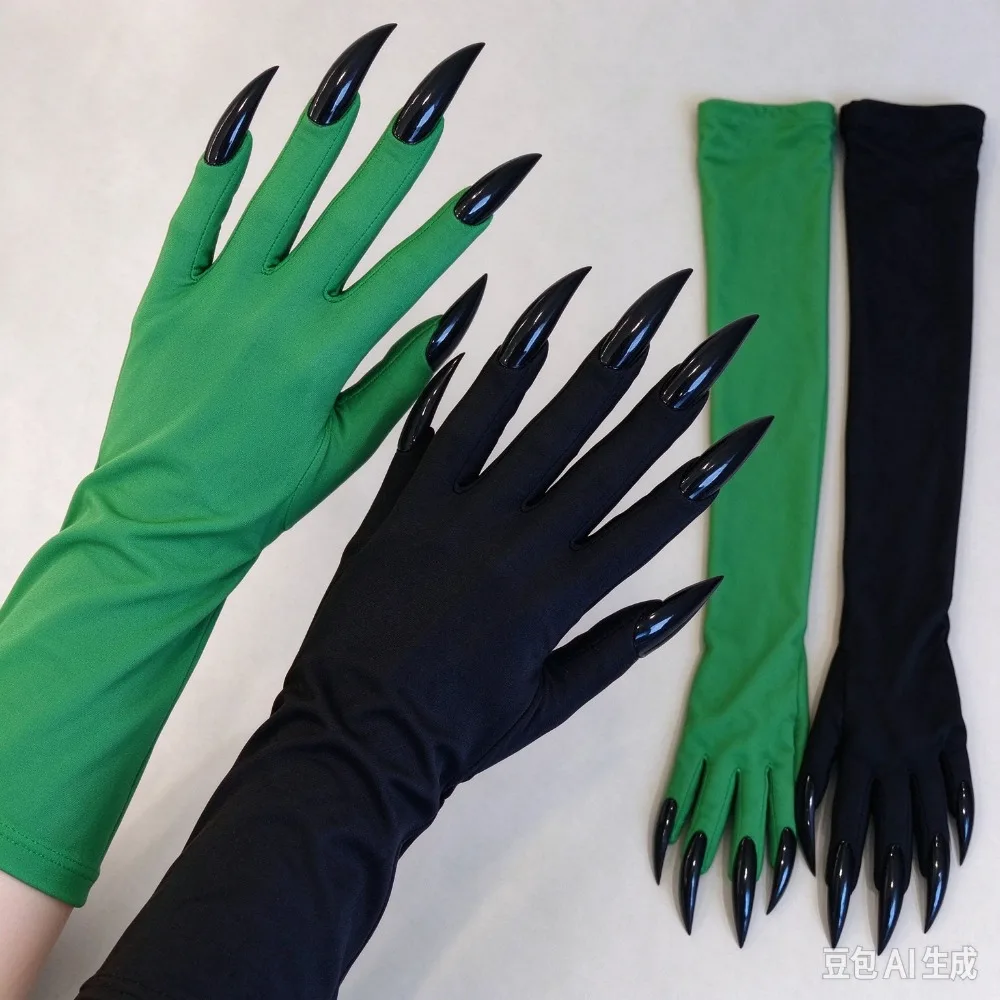 Green Black Witch Long Gloves with Nails Halloween Wizard Magic Gloves Ghost Festival Cosplay Party Performance Gloves
