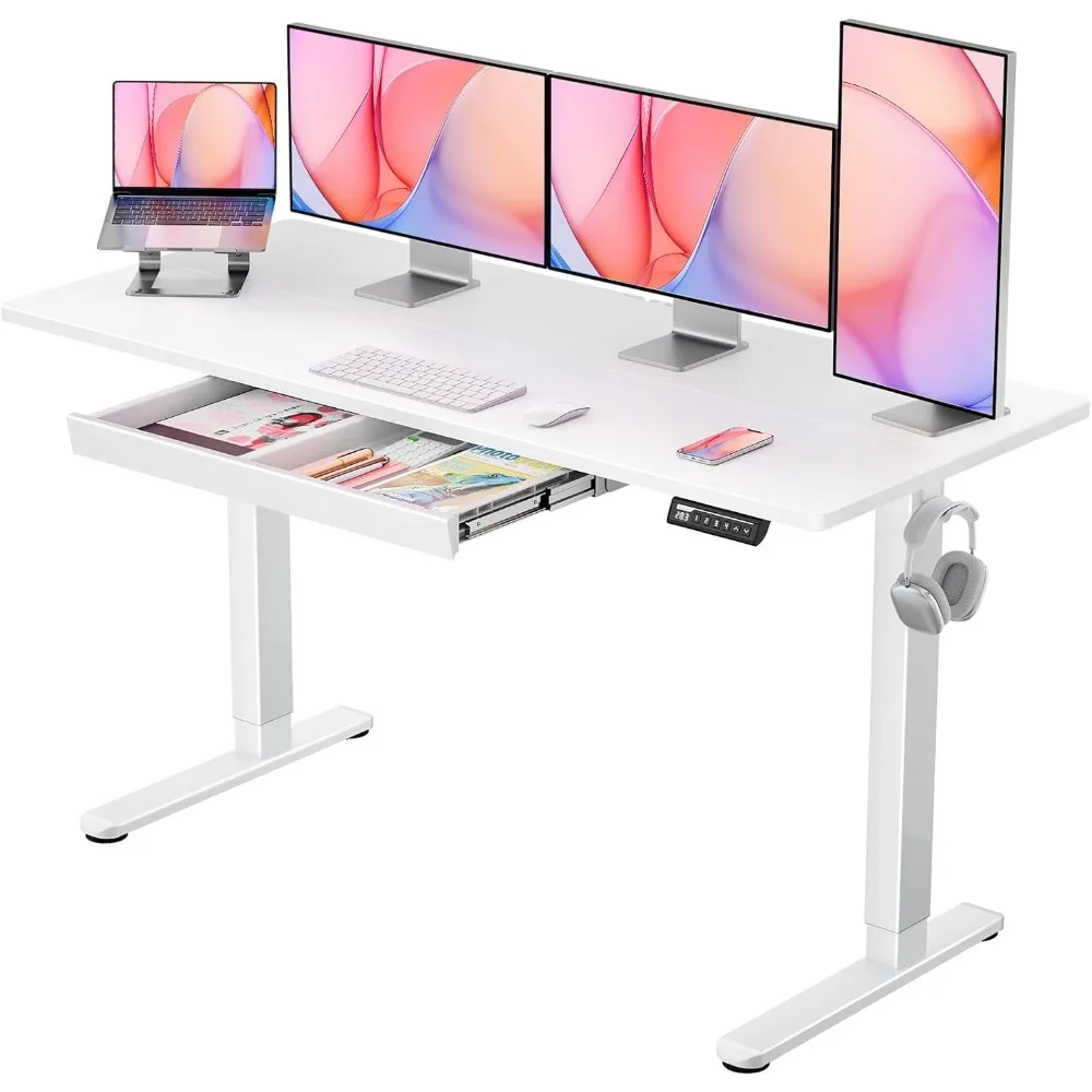 Standing Desk with Drawer, 55 x 24 inch Electric Height Adjustable Desk with 4 Preset Heights & 2 Storage Hooks, Sit Stand