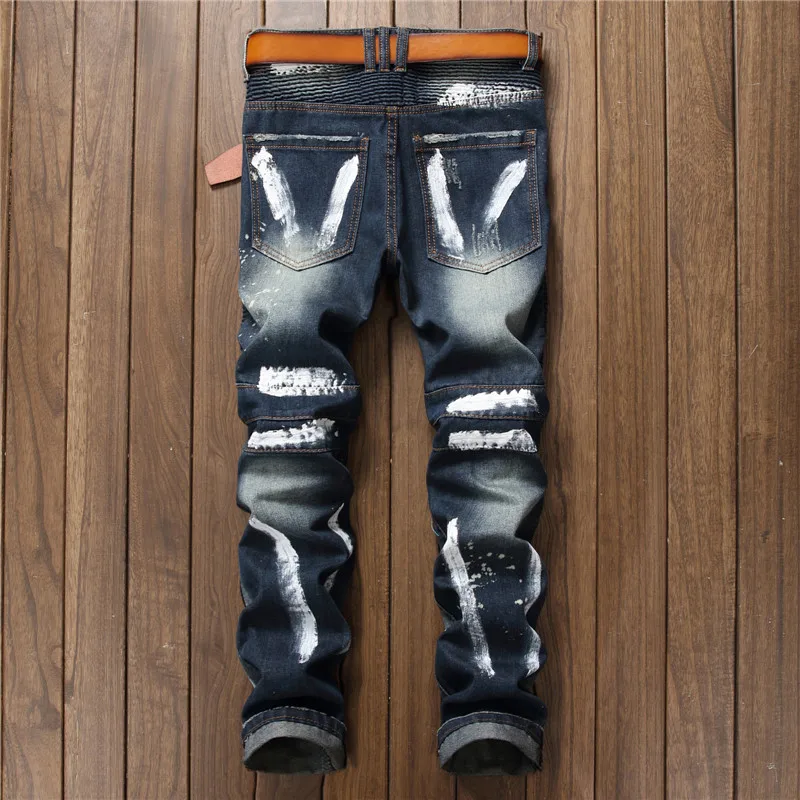 Trendy Men's Clothing Stitching Jeans Men's Retro Embroidered Slim Pencil Pants Personality Street Motorcycle Long Pants