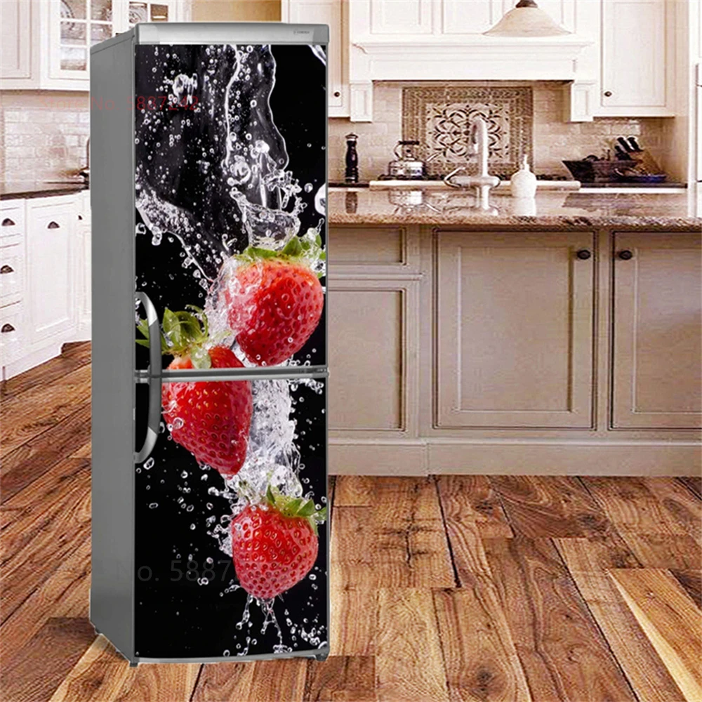 Kitchen Fruit Vegetable Vinyl Fridge Stickers Full Door Cover Adhesive Refrigerator Wallpaper Pink Flower Marble Butterfly Decal