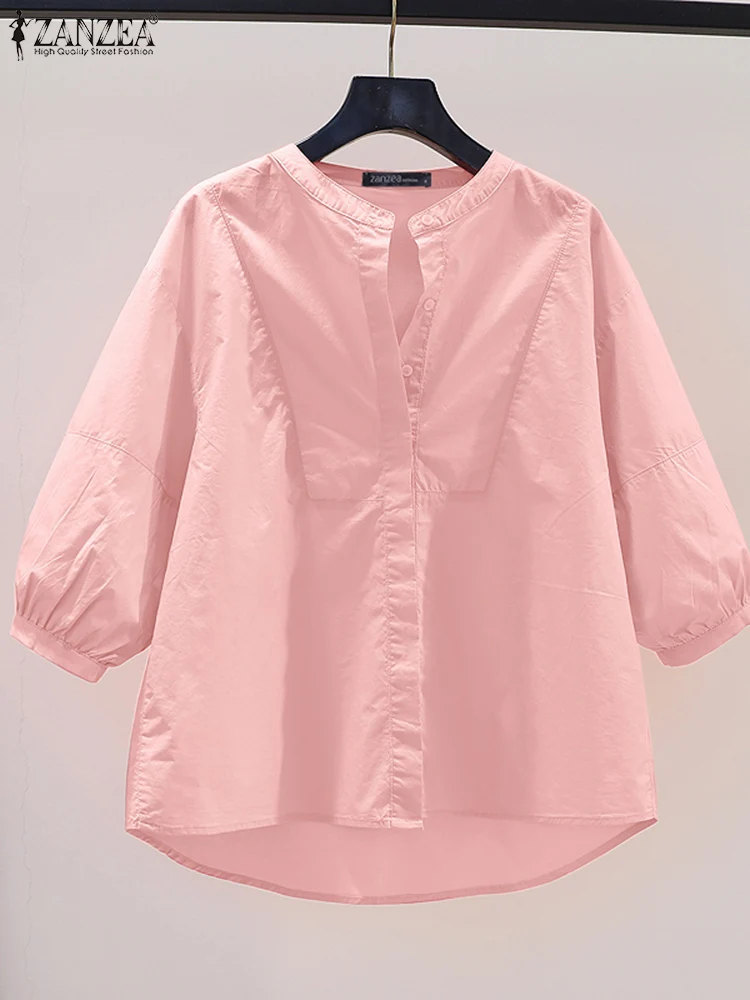 ZANZEA Summer Women O Neck 3/4 Sleeve Blouse Casual Shirt Elegant Solid OL Work Blusas Causal Buttons Down Tops Loose Chemise