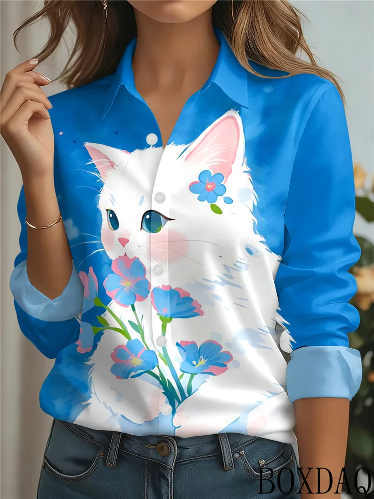 Women's Autumn Long Sleeve Lapel Shirts Fashion Animals Print Blouse Loose Relaxed Comfortable Elegant Commuter Blouses Tops