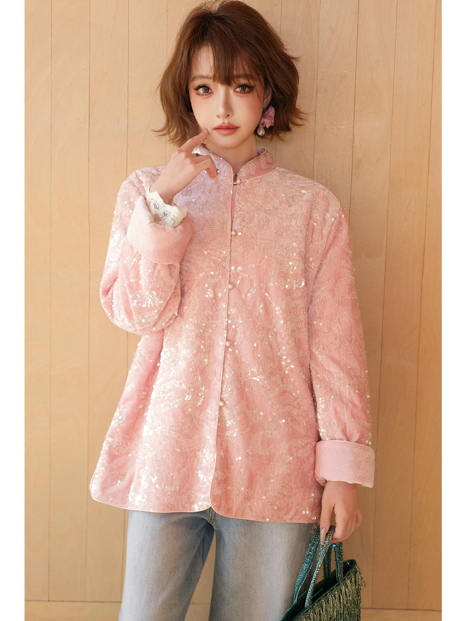 

Женское пальто MIUCO из китайского бархата с хлопком, повседневное, теплое, с воротником-стойкой, в стиле танчжуан, розовое, с пайетками