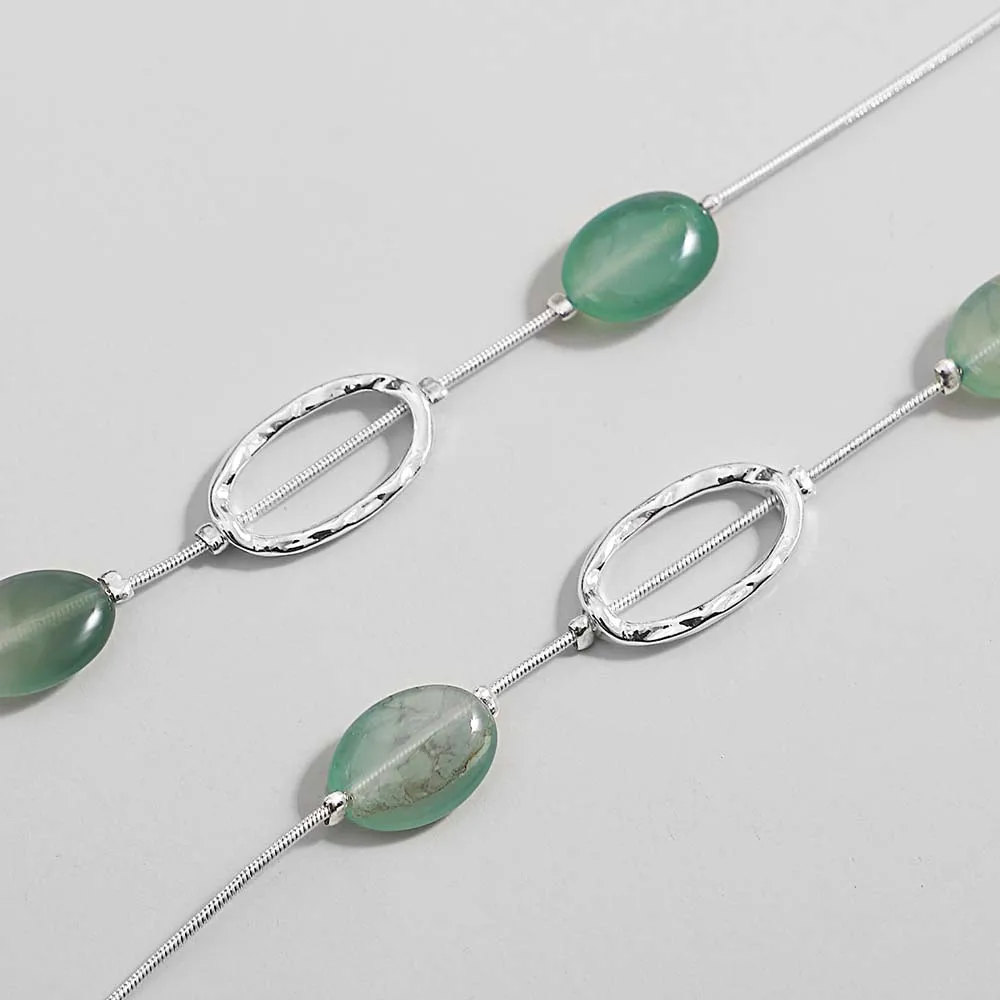 ALLYES Vintage Green Stone Hollow Oval Long Necklace for Women Charm Silver Color Snake Chain Necklace Party Jewelry Gifts