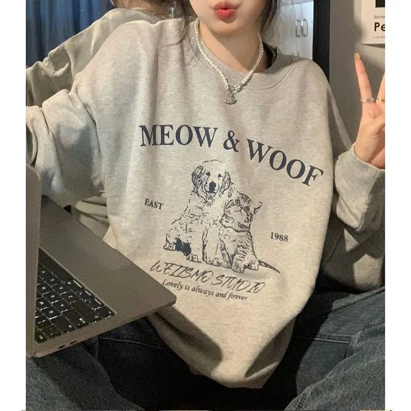 Trendy Korean Retro Personalized Printed Sweatshirt Autumn Winter Women Personalized Simple Y2K Niche Art Round Neck Top Jacket