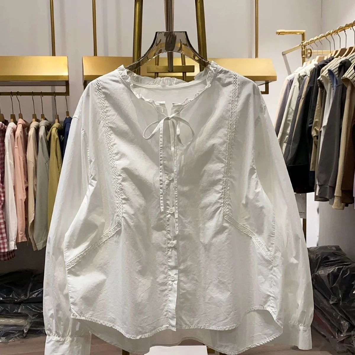 

Extra Large 300 Pounds Wood Ear round Neck Belted Long Sleeve Shirt Men's Spring Autumn New Splicing Breathable Casual Shirt