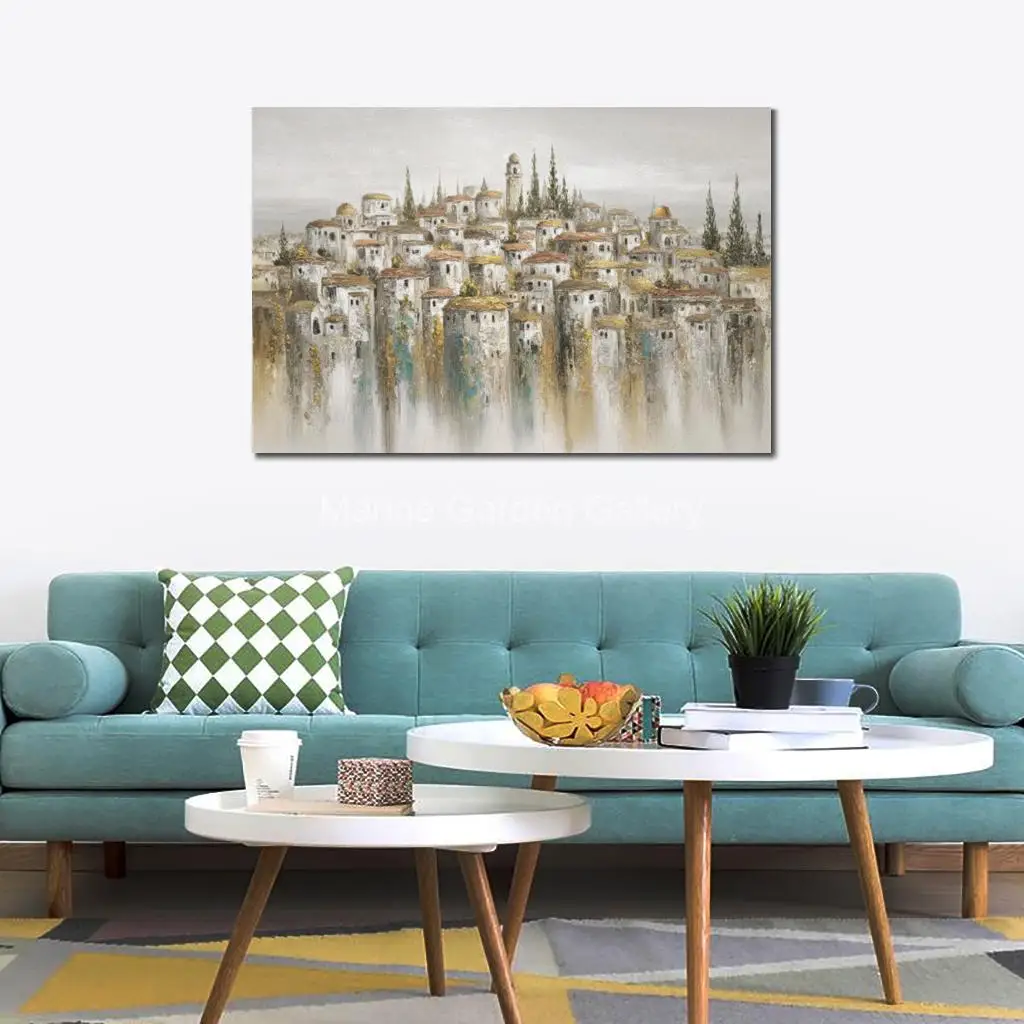 Hand Painted Jerusalem Holy City Abstract Oil Painting Judaica Canvas Art Large Gold Modern Wall Decor for Jewish Dining Room