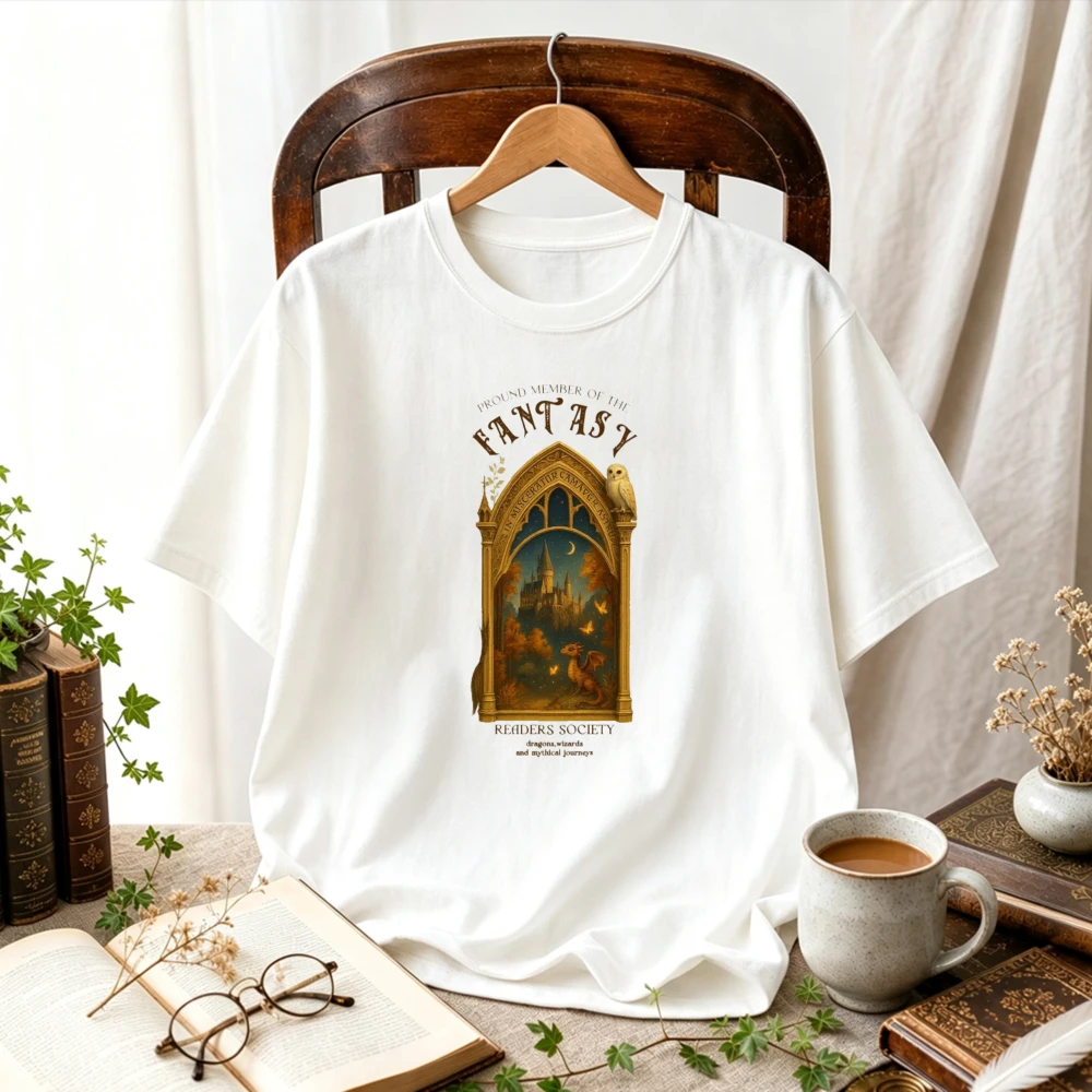 Fantasy Gothic Window Castle Dragon Owl Vintage T-Shirt Dark Academia Medieval Fairytale Unisex Fantasy Book Lover Witchy Gift