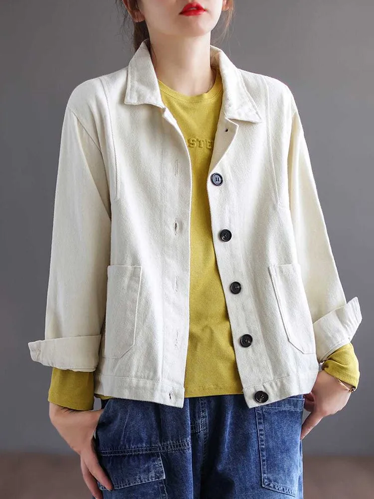 100% Cotton Women Casual Short Jackets New Arrival 2022 Autumn Vintage Style Solid Color All-match Female Outerwear Coats D480