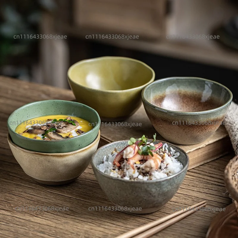 Commercial retro ceramic bowl horn rice bowl household soup bowl
