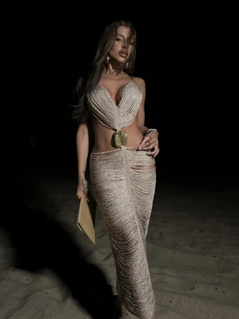 カットアウト V ネックミディドレス女性の夏のタッセル背中の開いたボディコンパーティードレススリムマキシ Vestidos ホリデーファッション女性 YS64