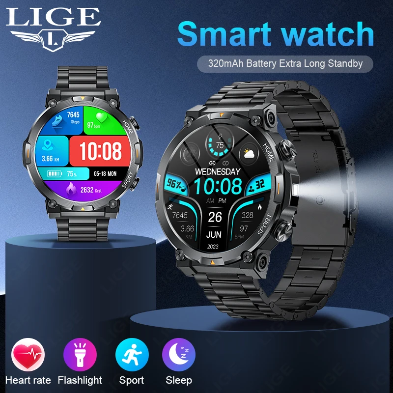 

LIGE Outdoor Sports Smart Watch Men 1.43 inch Heart Rate IP68 Waterproof LED Flashlight Bluetooth Talk Smartwatch 2026 Man