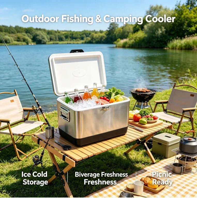 50L Stainless Steel Cooler Box Outdoor BBQ Fresh Keeping Insulated Car Refrigerator Portable Ice Chest