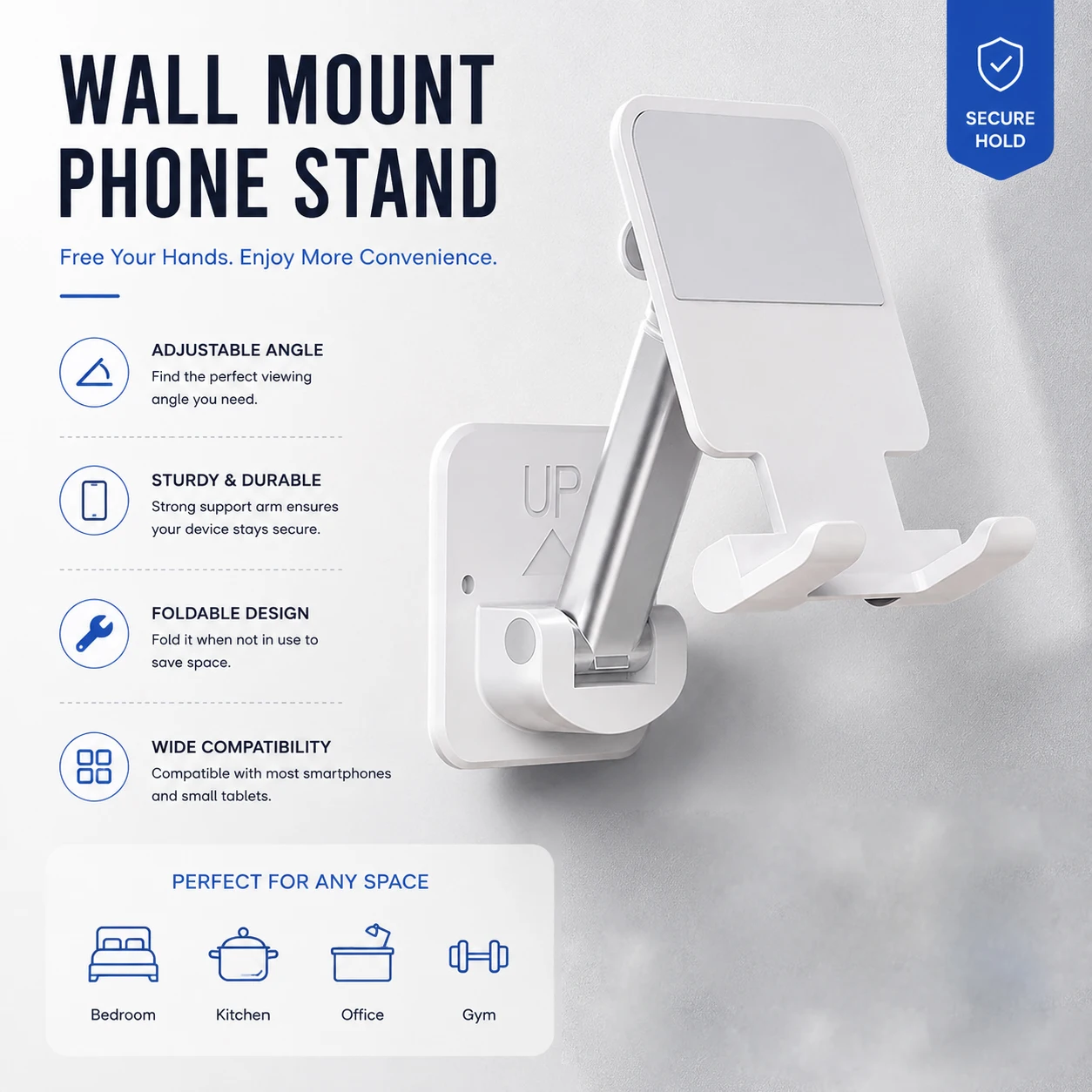No-Drill Adhesive Wall Phone Holder – Foldable 360° Rotating Mount for Bathroom/Kitchen/Desktop, Live Streaming Hands-Free