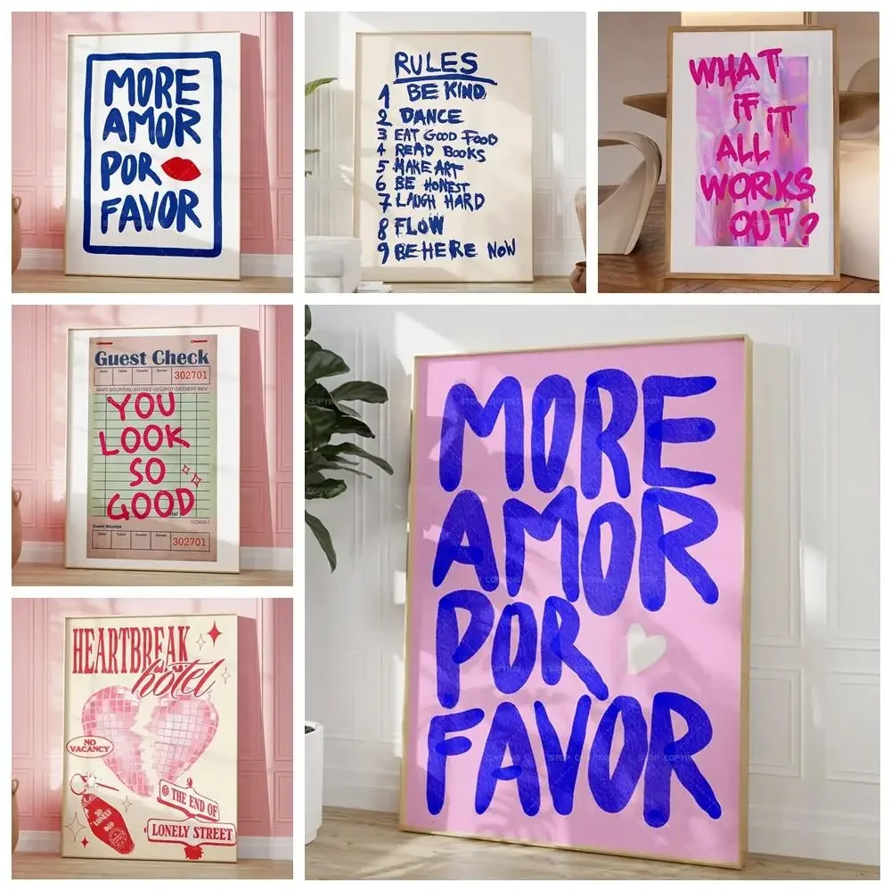 Maximalism More Amor Por Favor Colorful Eclectic Pink Love Quotes Wall Art Canvas Painting Poster Living Room Home Decor