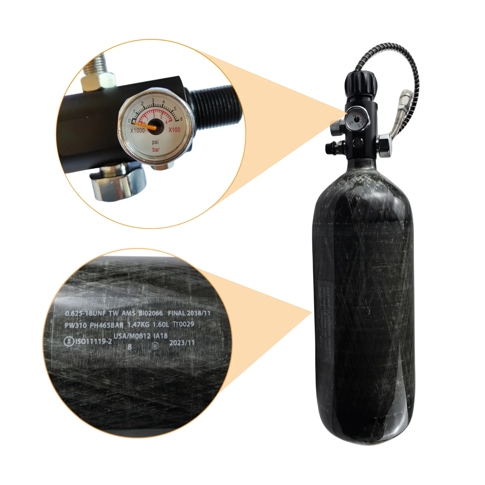 98ci/1.6L High Pressure Carbon Fiber Air Tank scuba tank hpa Air Cylinder Tank with 5/8-18UNF thread 4500Psi Valve