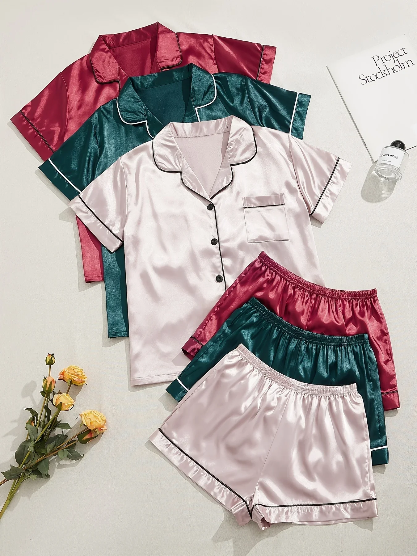 3 Sets Satin Pajama Set for Women Summer New Short Sleeve Lapel Top & Elastic Waistband Shorts Set Women\'s Sleepwear Loungewear