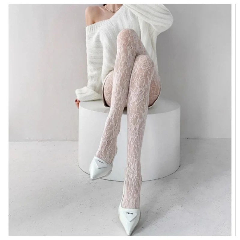 Summer Women White Hollow‑Out Sheer Fishnet Tights Flower Mesh High‑Waist Elastic Slimming Pantyhose Streetwear Casual Outfit