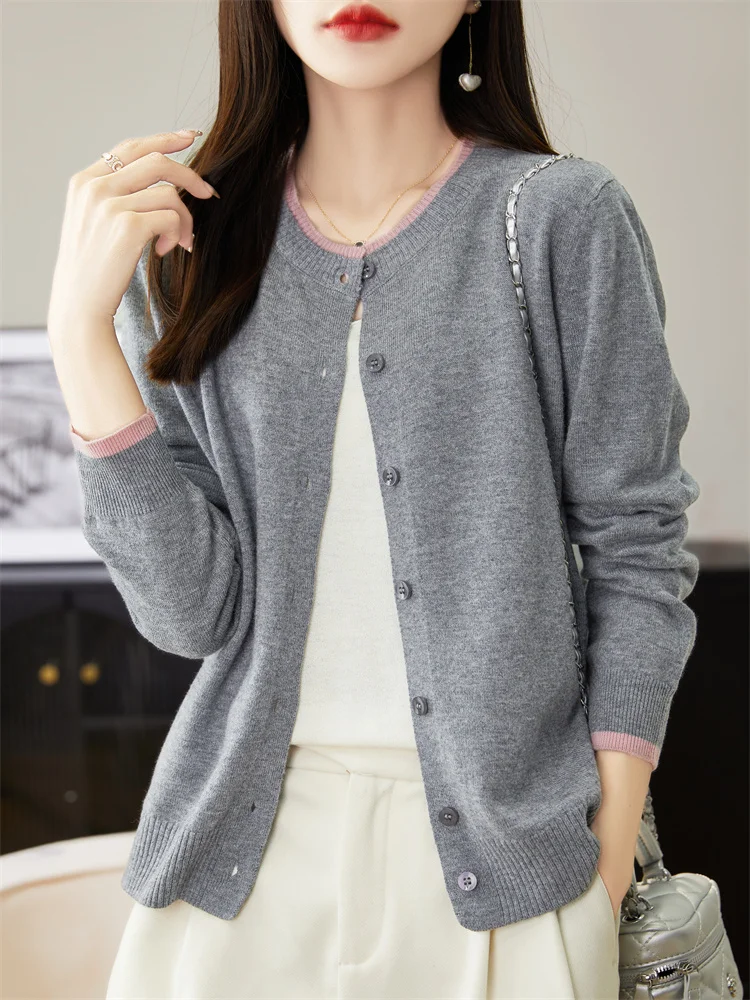 ADDONEE Women O-neck Cardigan Long Sleeve Cashmere Sweater Autumn Winter 100% Merino Wool Knitwear Korean Popular Clothing Tops