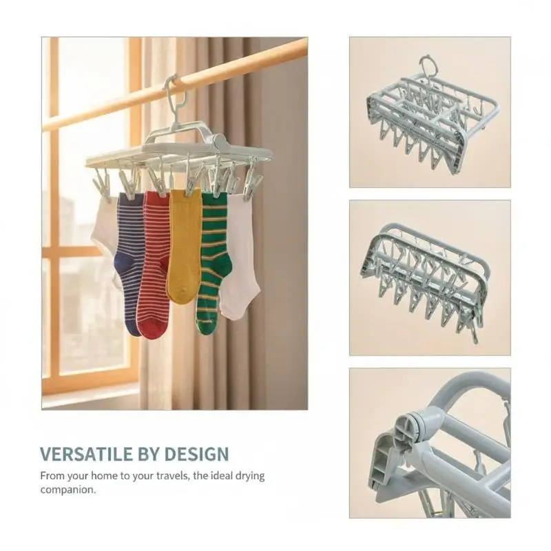 Foldable Laundry Drying Rack with 32 Clips 360° Rotating Hook Portable Design for Travel Dorm Home Socks Drying