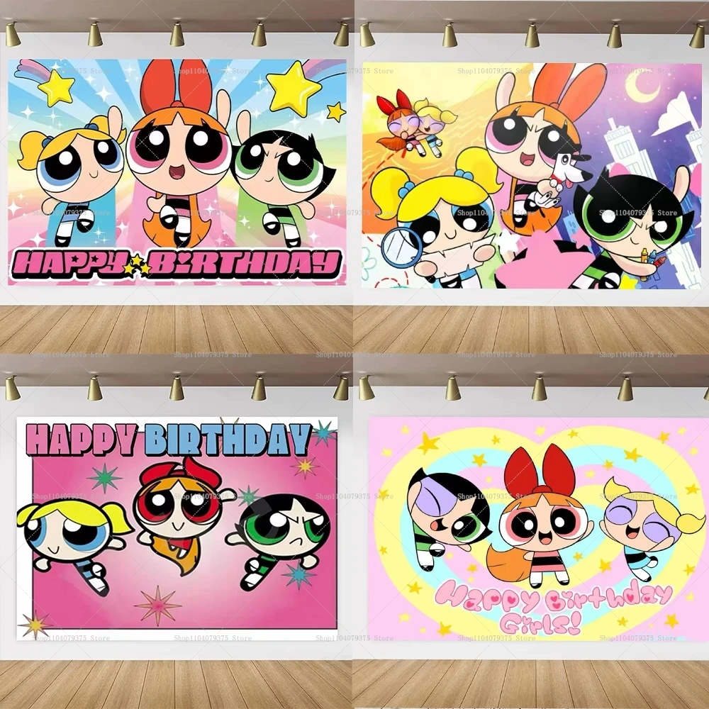 الكرتون Powerpuff الفتيات حفلة عيد ميلاد موضوع التصوير خلفية الديكور راية استحمام الطفل استحمام الطفل كابينة تصوير الدعائم