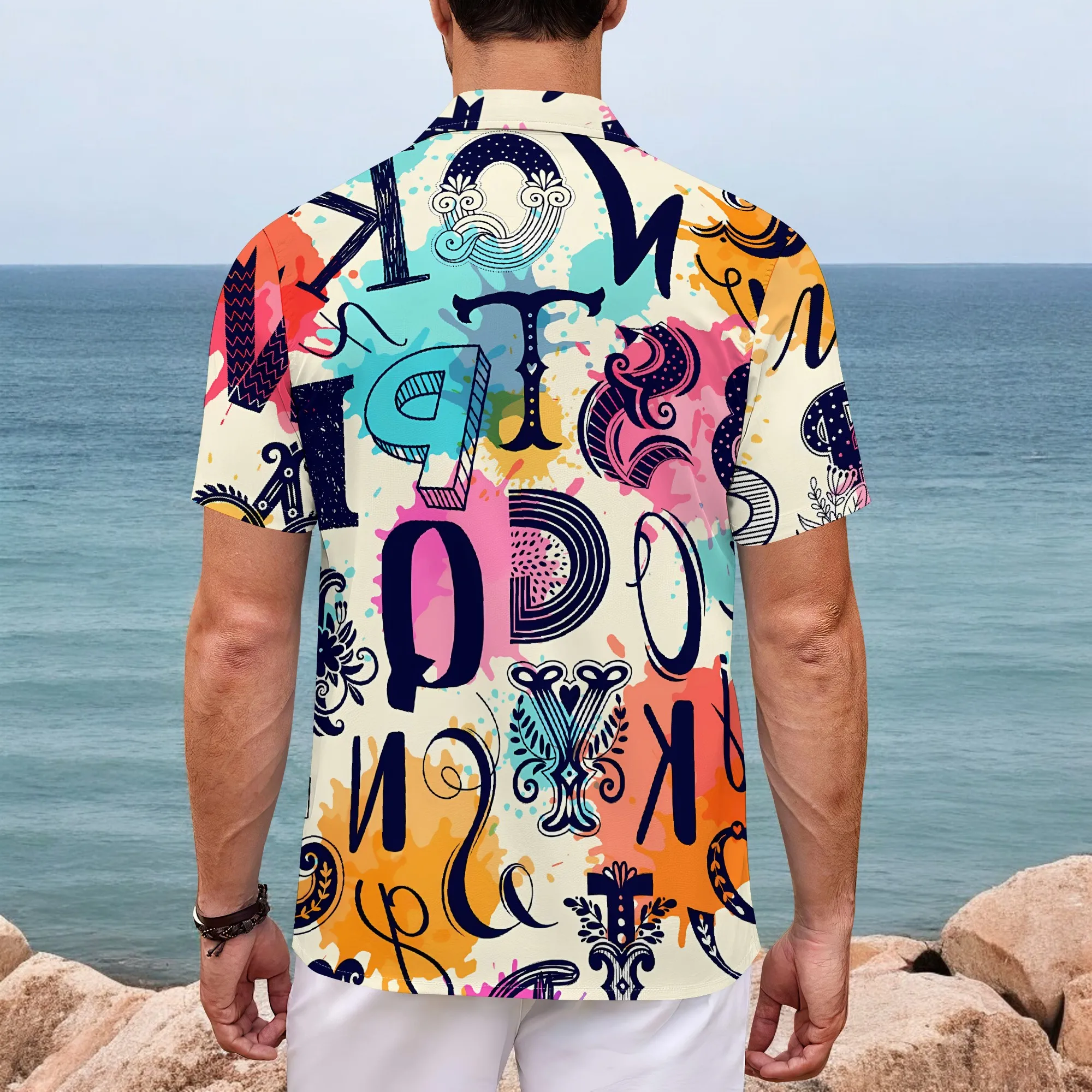 YEAE Camicia con stampa di lettere colorate per uomo Top estivo casual a maniche corte