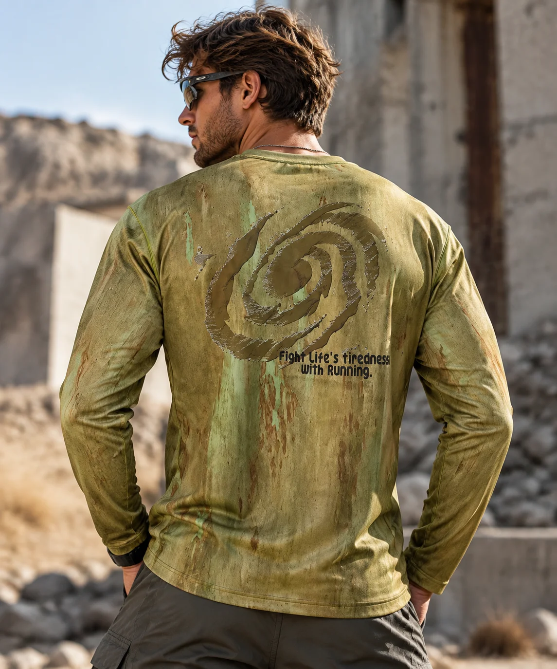 2026 Men's Wasteland Style Long Sleeve T-Shirt Distressed 3D Print & Loose Elastic Fit Casual Top Unisex Running Sports Jacket